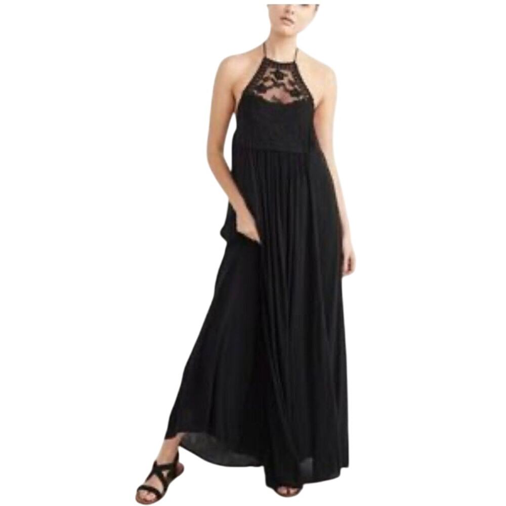 ABERCROMBIE FITCH Y2K Halter Lace Maxi Dress Black XS Oversized Fairy Boho Goth